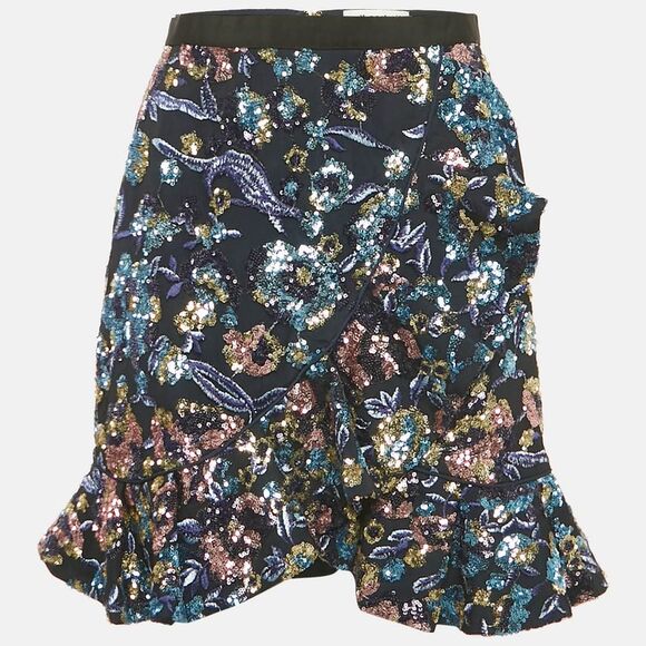Self-Portrait Blue Floral Sequin & Mesh Mini Skirt M